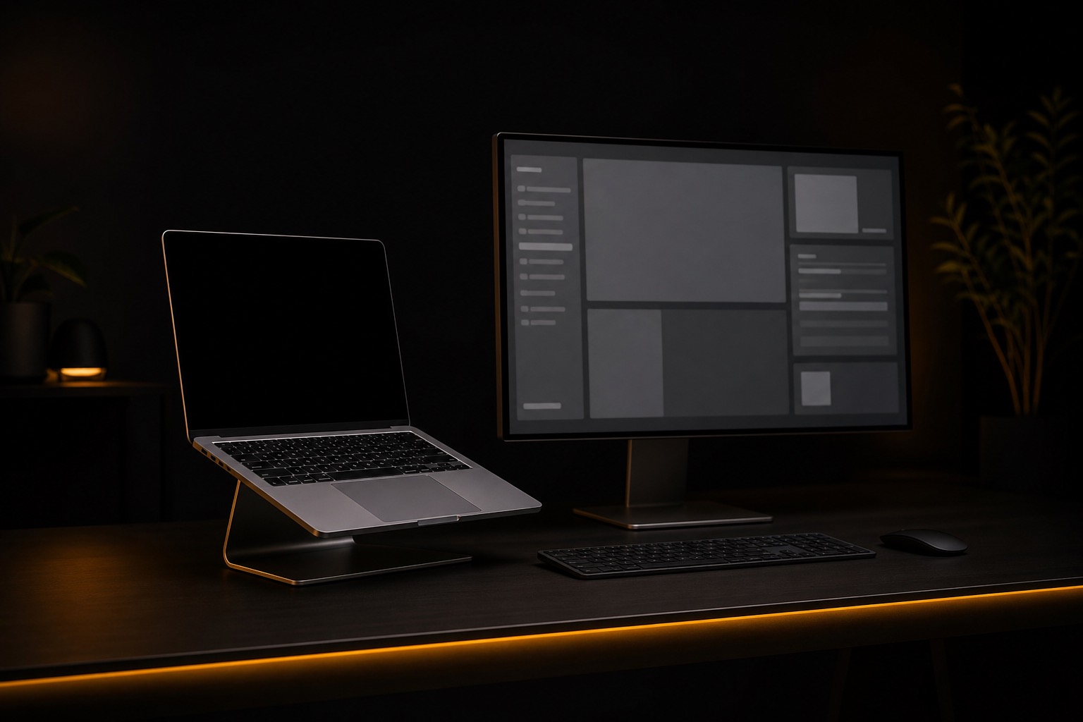 A desk at dusk: an open laptop on a stand with its screen dark, beside a large external monitor that carries all the work.
