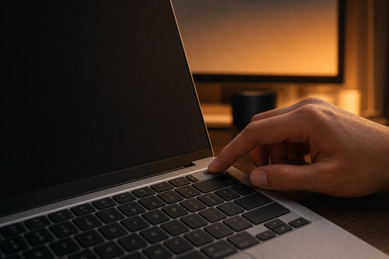 A finger on the fingerprint key of an open laptop whose screen is dark, an external monitor glowing behind it.