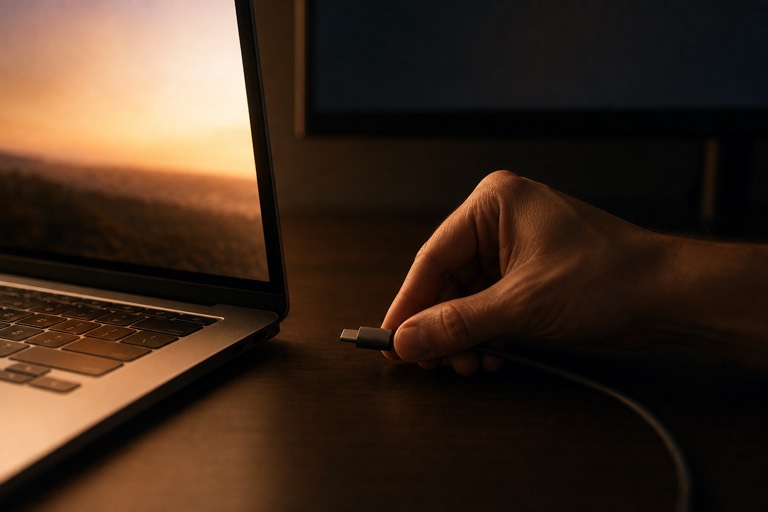 A hand pulling a cable from an open laptop as its screen lights back up and the external monitor behind it goes dark.
