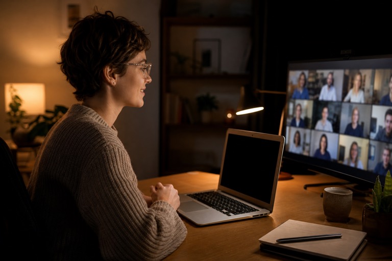 A person on a video call at a desk. The laptop in front of them is open with its screen dark; the call fills the external monitor.